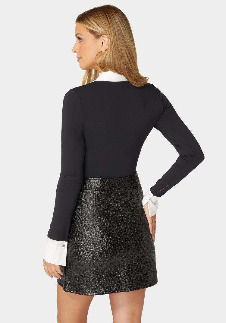 Bebe Henley Satin Combo Knit Bodysuit