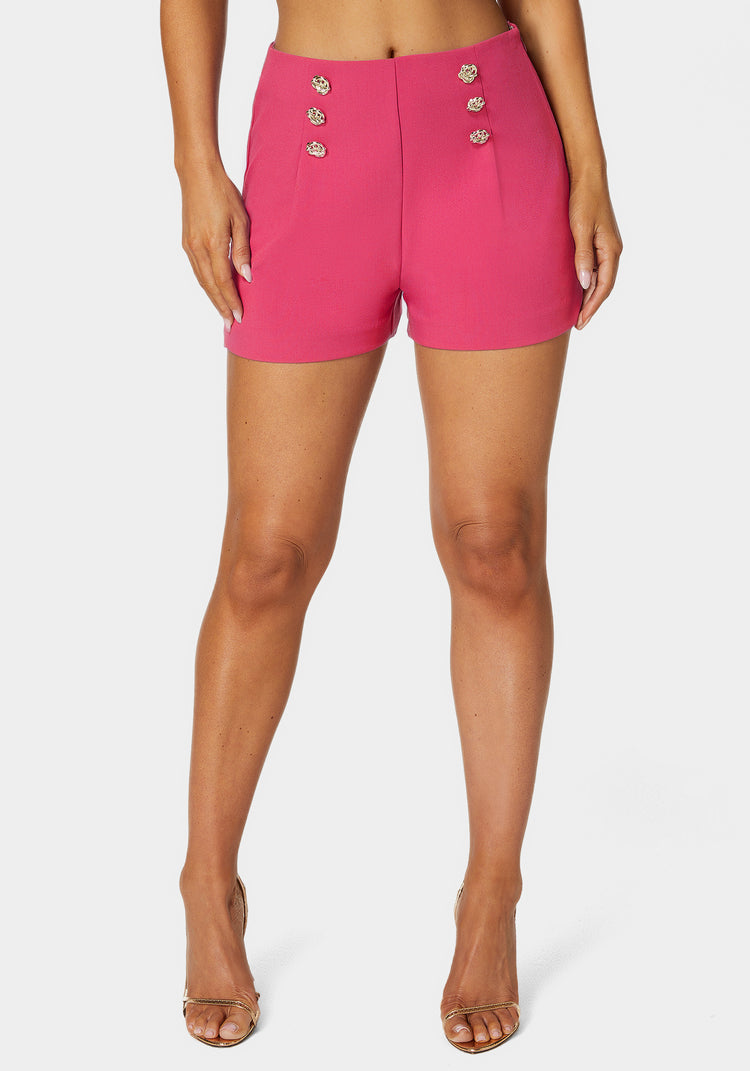 bebe High Waist Button Detail Flared Shorts