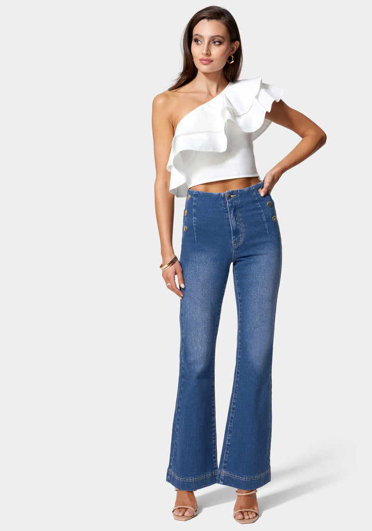 Bebe High Waist Button Detail Wide Leg Jeans