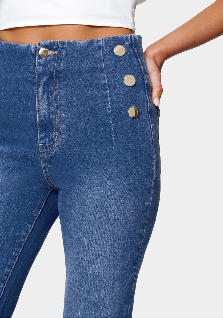 Bebe High Waist Button Detail Wide Leg Jeans