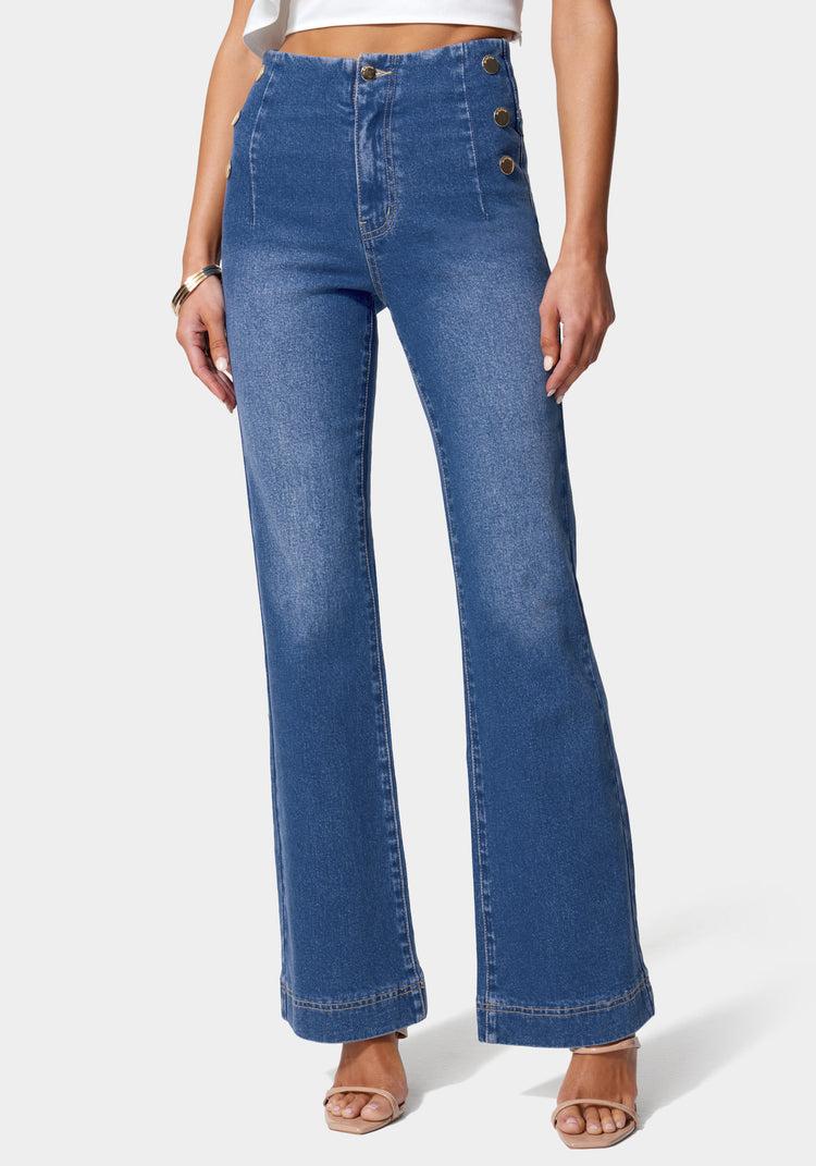 bebe High Waist Button Detail Wide Leg Jeans