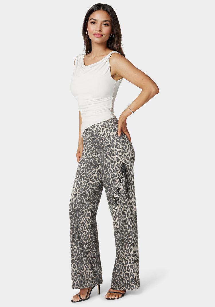 Bebe High Waist Cheetah Print Wide Leg Jeans