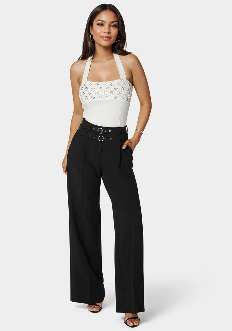 Bebe High Waist Double Belted Palazzo Pant