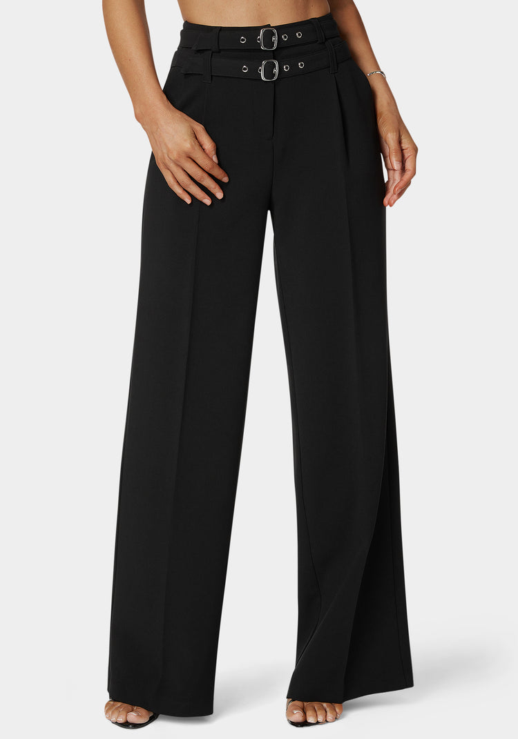 bebe High Waist Double Belted Palazzo Pant
