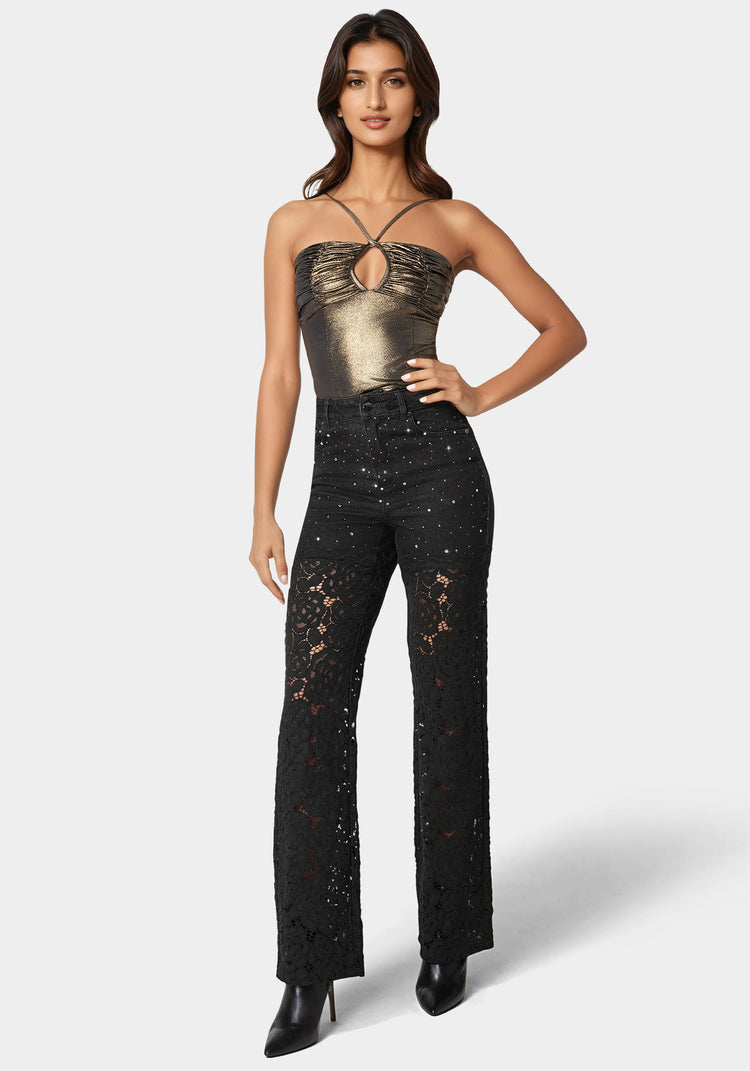 Bebe High Waist Embellished Lace Wide Leg Jeans