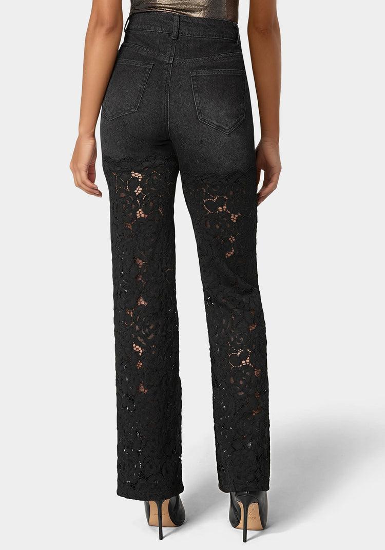 Bebe High Waist Embellished Lace Wide Leg Jeans