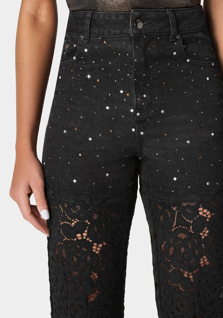 Bebe High Waist Embellished Lace Wide Leg Jeans