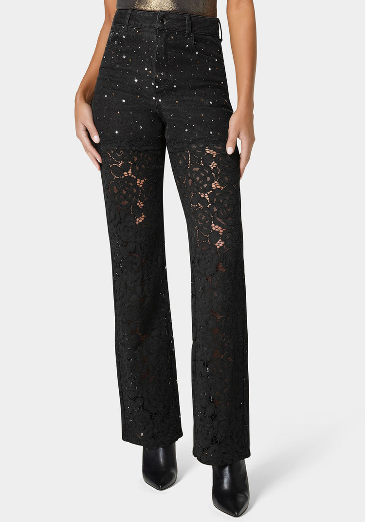 bebe High Waist Embellished Lace Wide Leg Jeans