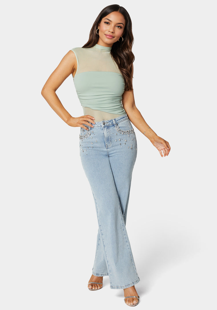 Bebe High Waist Embellished Wide Leg Jeans