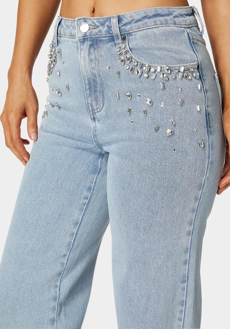 Bebe High Waist Embellished Wide Leg Jeans