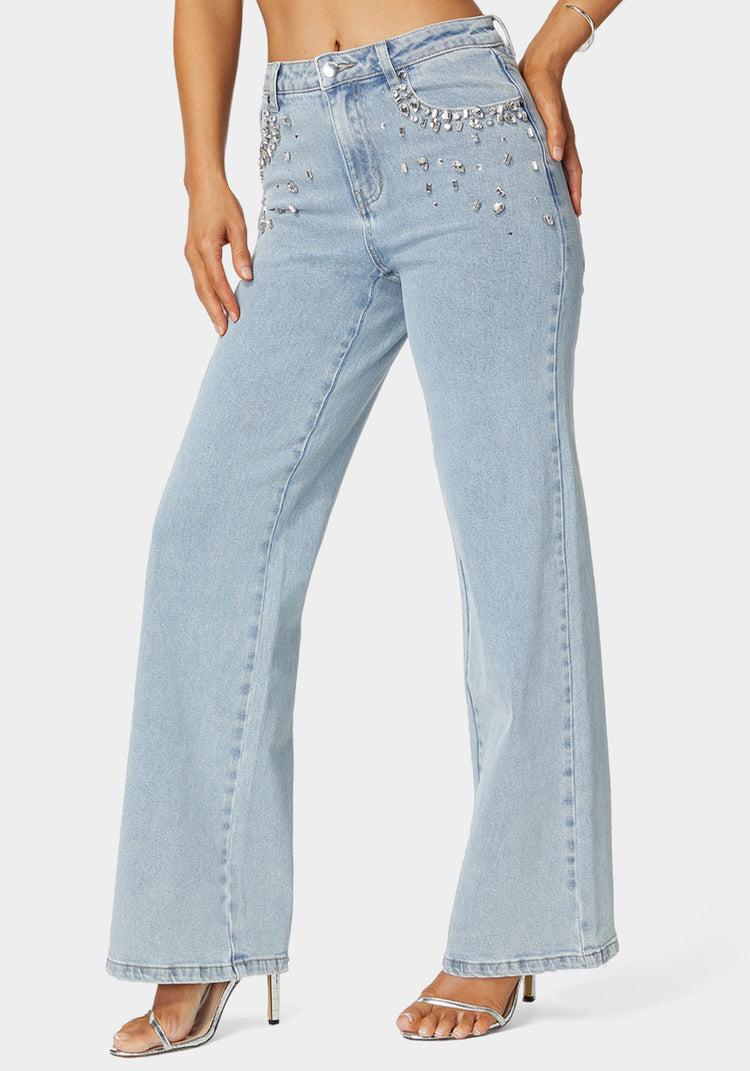 bebe High Waist Embellished Wide Leg Jeans