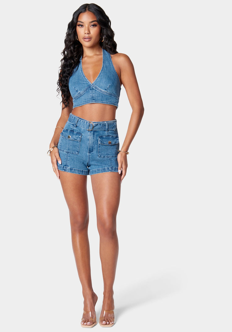 Bebe High Waist Patch Pockets Detail Denim Short
