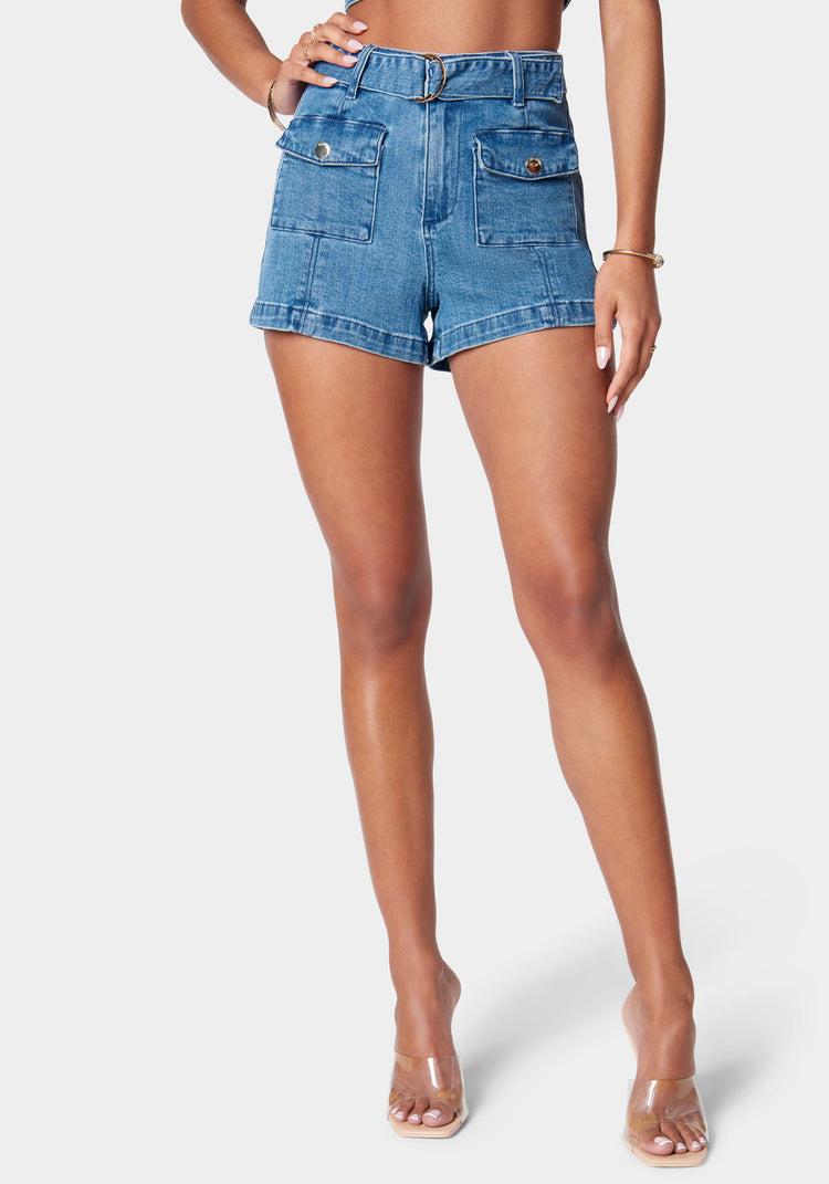 bebe High Waist Patch Pockets Detail Denim Short