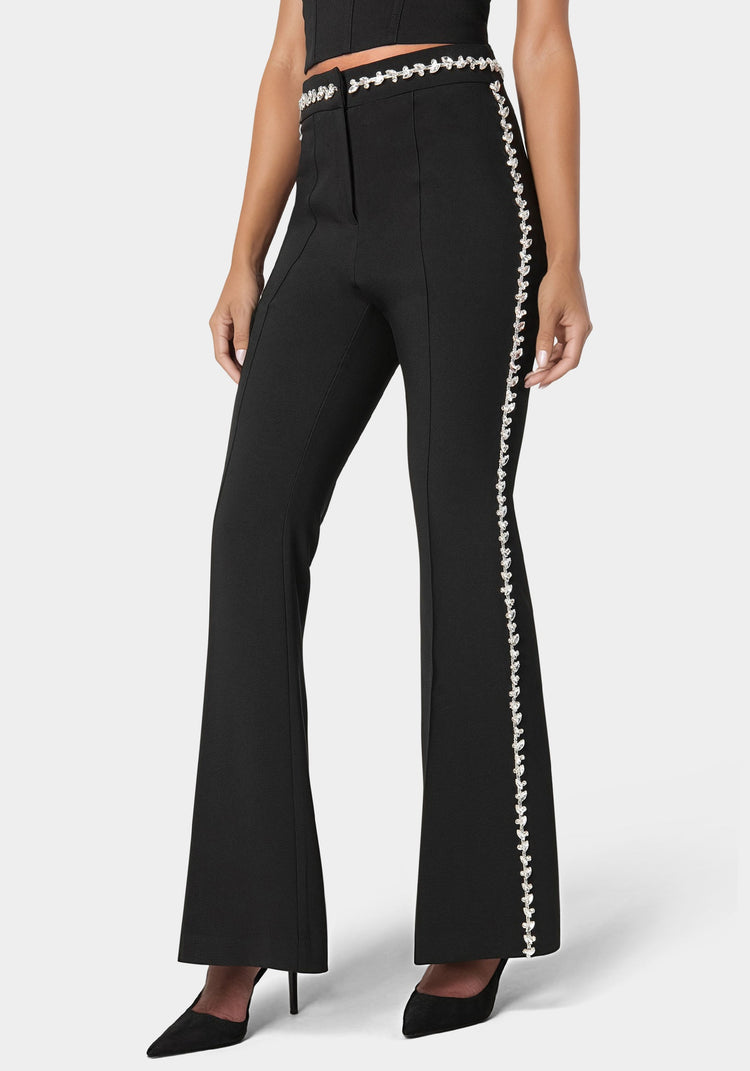 Bebe High Waist Rhinestone Trim Flared Pant