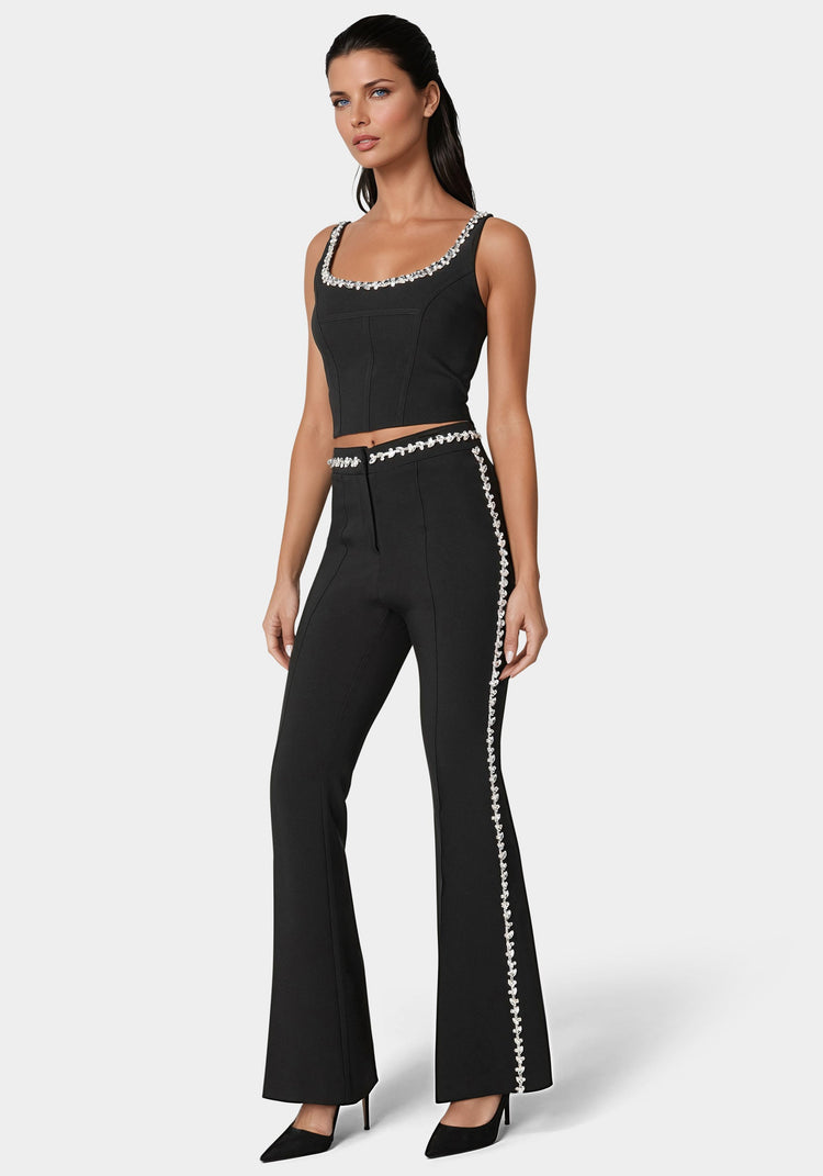 Bebe High Waist Rhinestone Trim Flared Pant