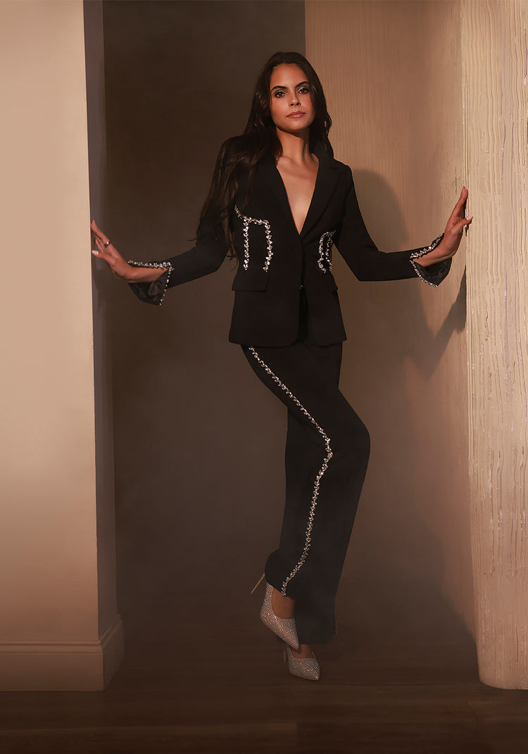 bebe High Waist Rhinestone Trim Flared Pant