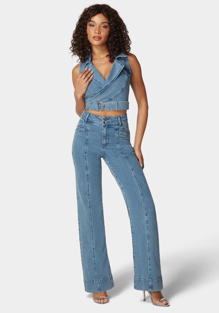 Bebe High Waist Seam Detail Ultra Wide Leg Jeans