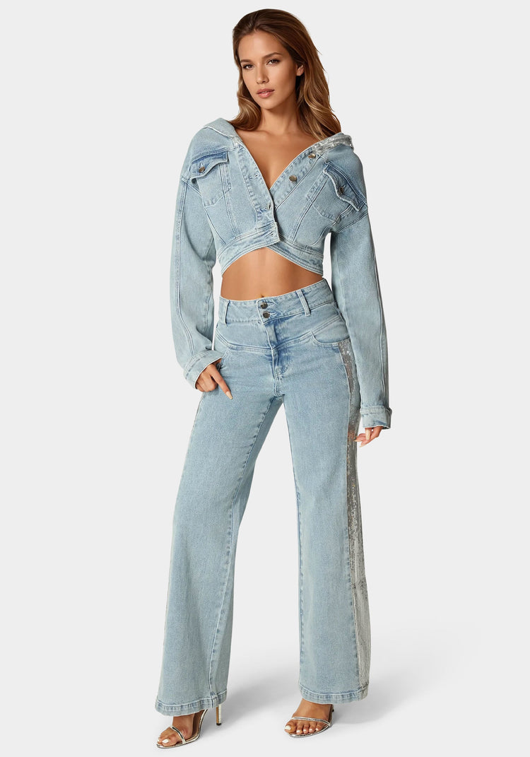 Bebe High Waist Sequin Wide Leg Jeans