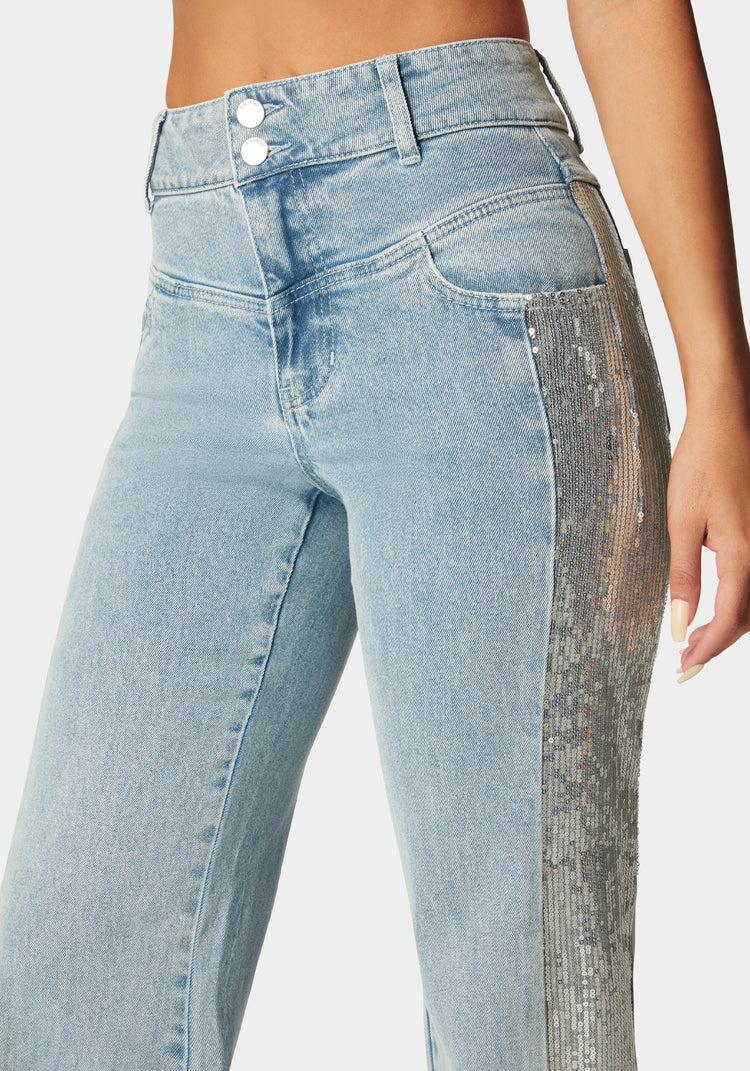 Bebe High Waist Sequin Wide Leg Jeans