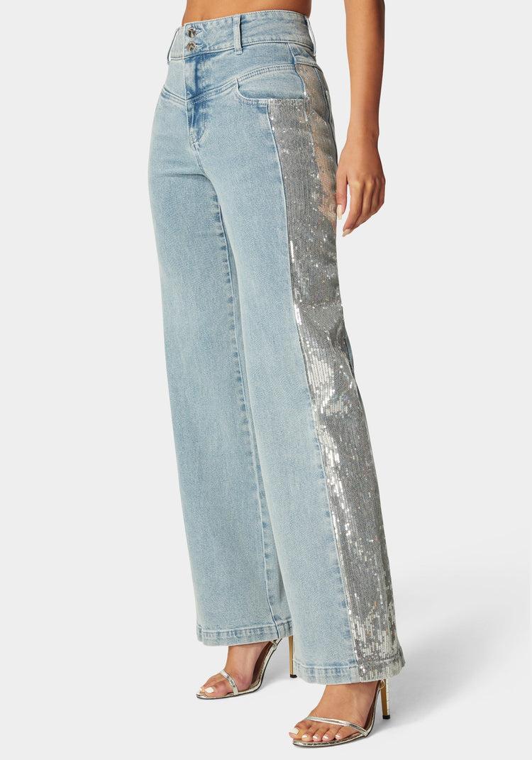 bebe High Waist Sequin Wide Leg Jeans