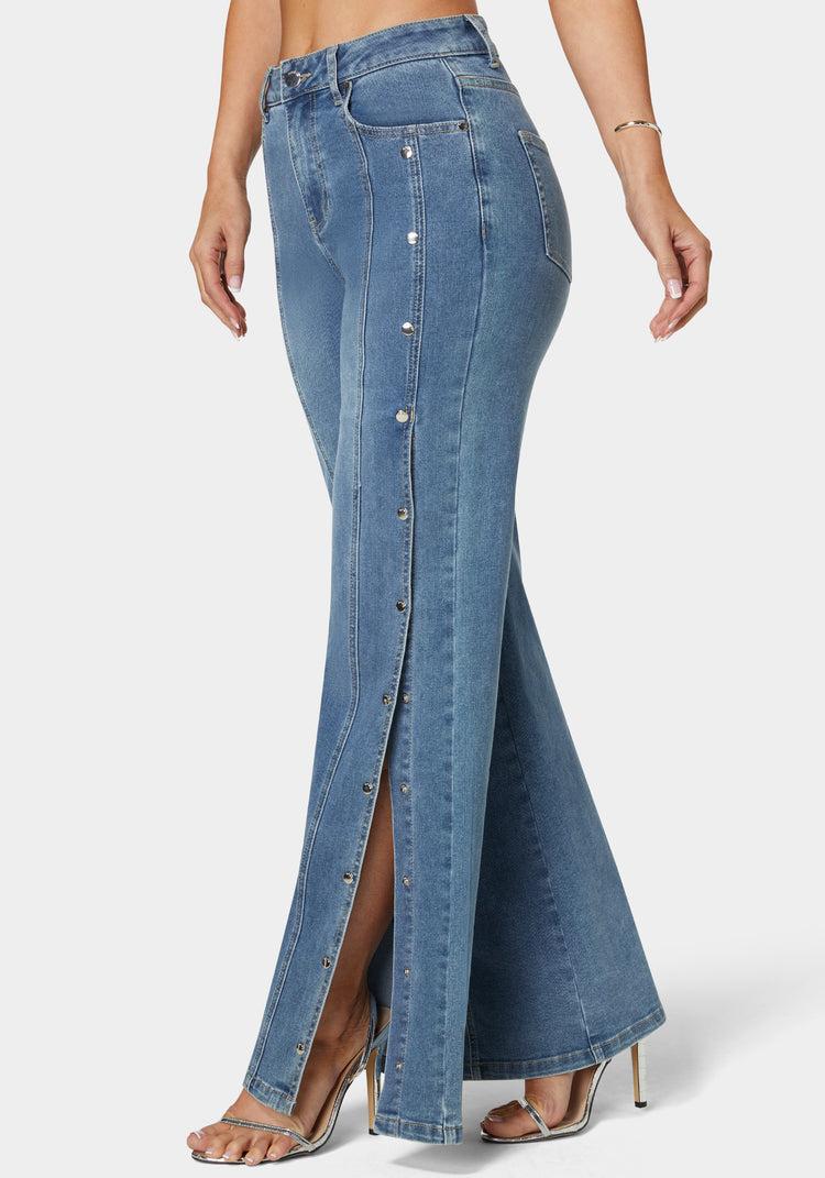 Bebe High Waist Snap Detail Wide Leg Jeans