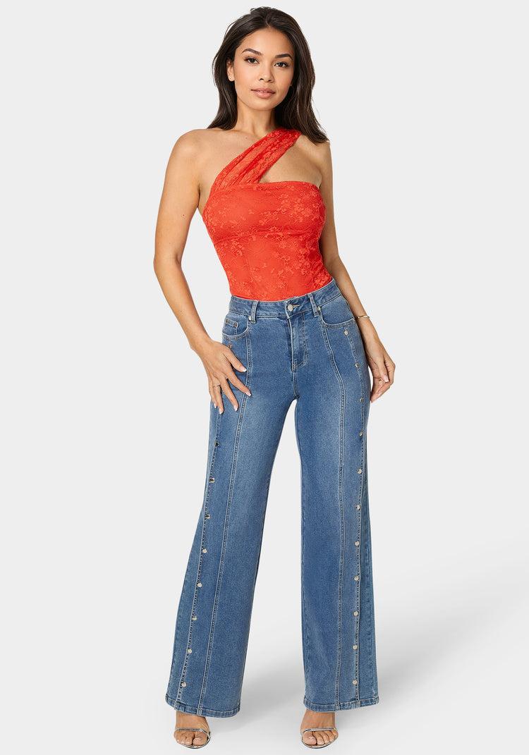 Bebe High Waist Snap Detail Wide Leg Jeans