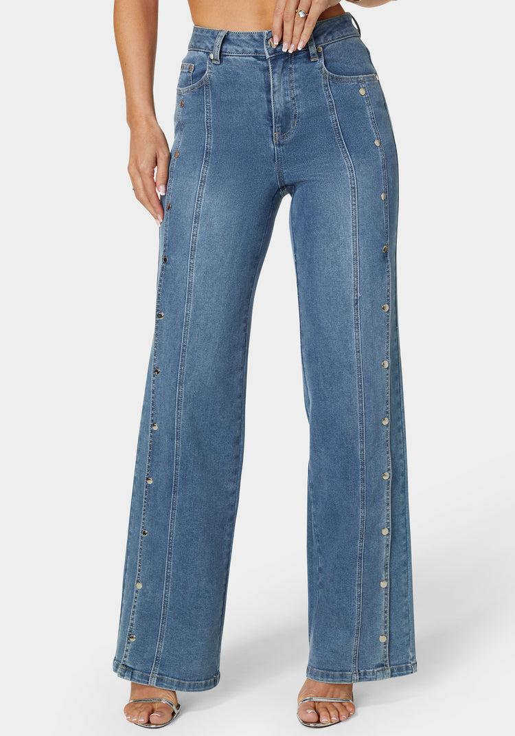 bebe High Waist Snap Detail Wide Leg Jeans
