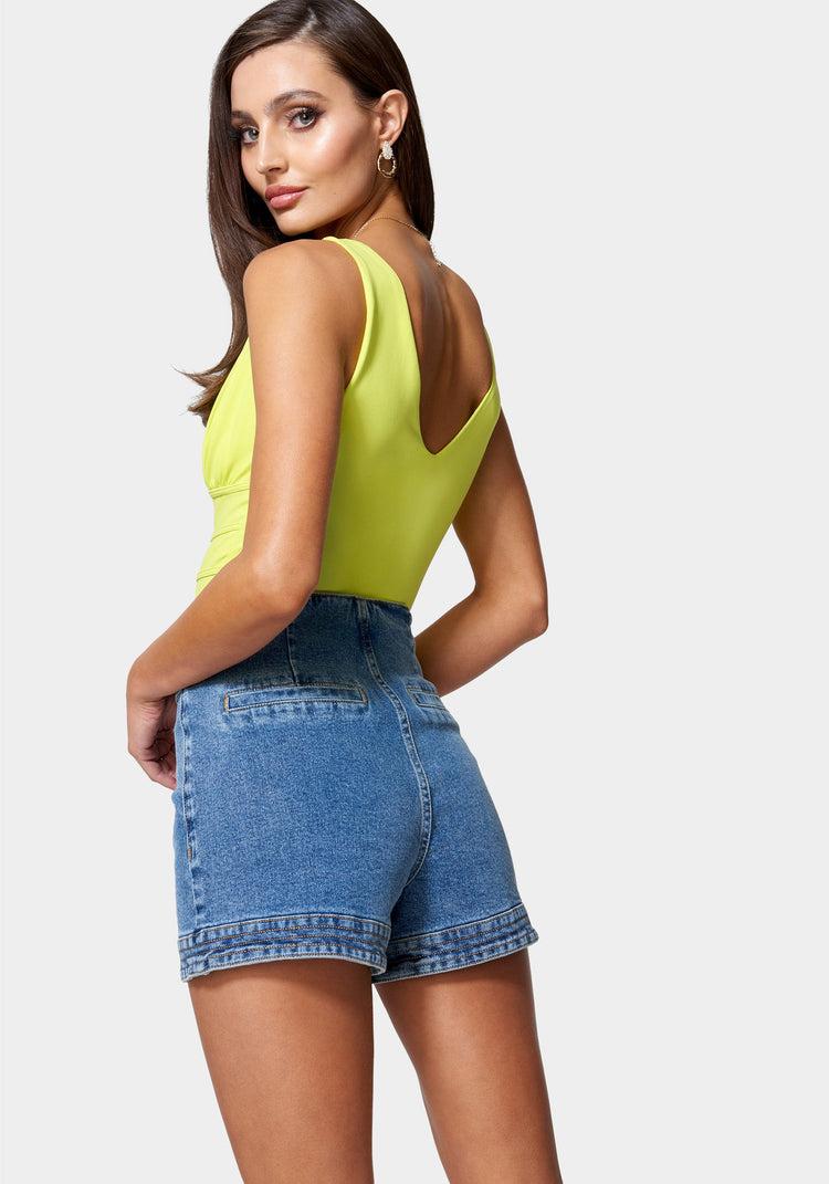 Bebe High Waist Trapunto Stitch Tab Denim Short