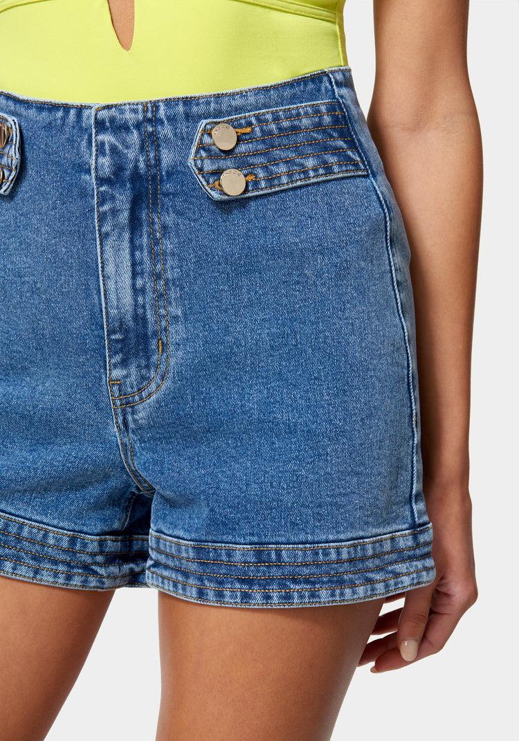 Bebe High Waist Trapunto Stitch Tab Denim Short