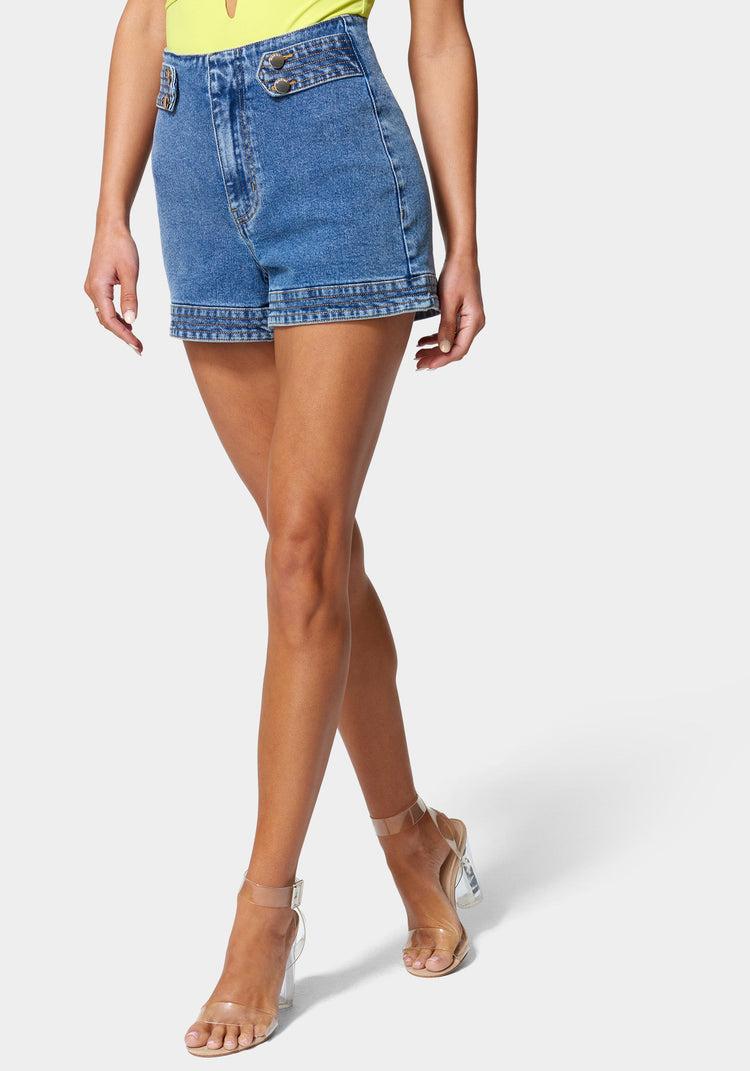 bebe High Waist Trapunto Stitch Tab Denim Short