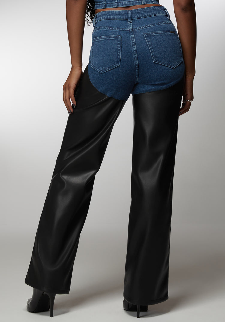 Bebe High Waist Vegan Leather Combo Wide Leg Jean