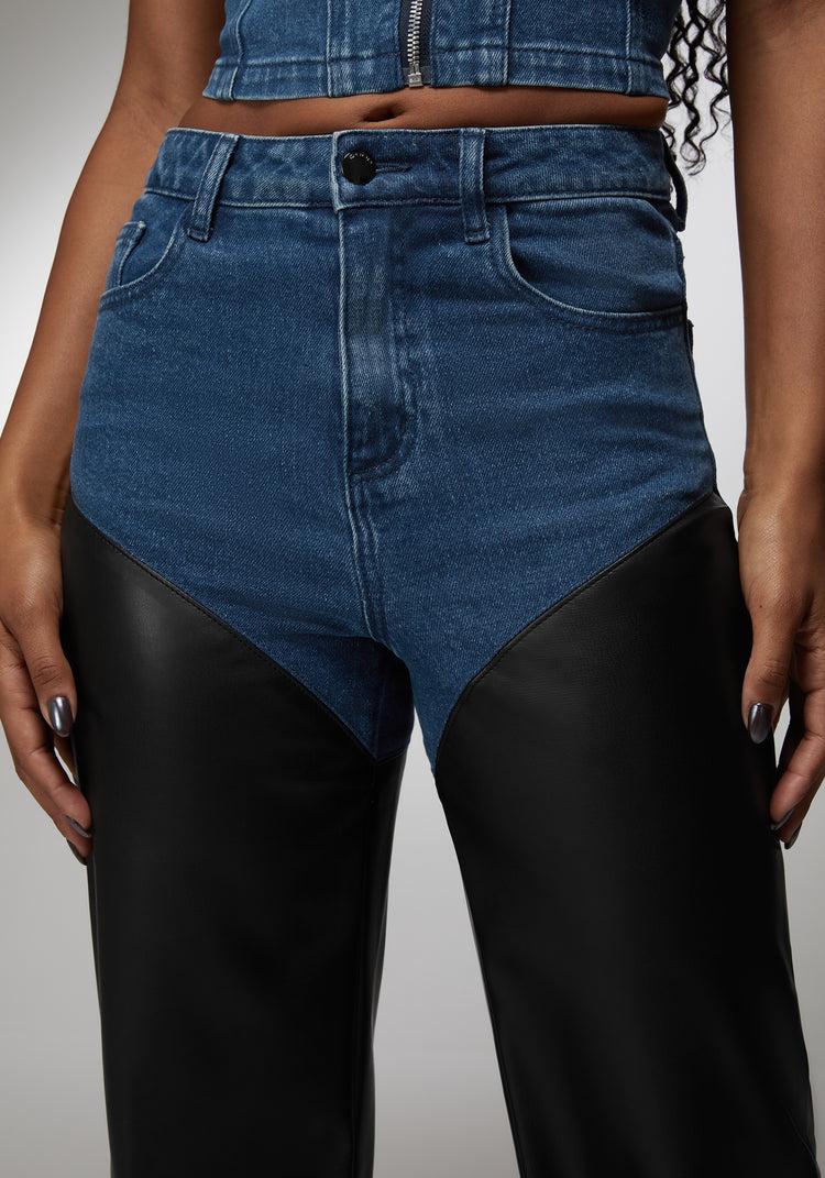 Bebe High Waist Vegan Leather Combo Wide Leg Jean