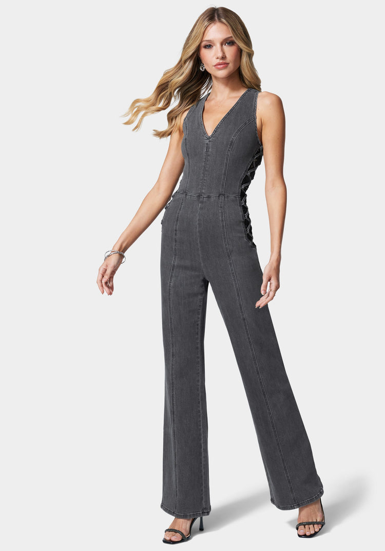 Bebe Lace Detail Corset Denim Jumpsuit