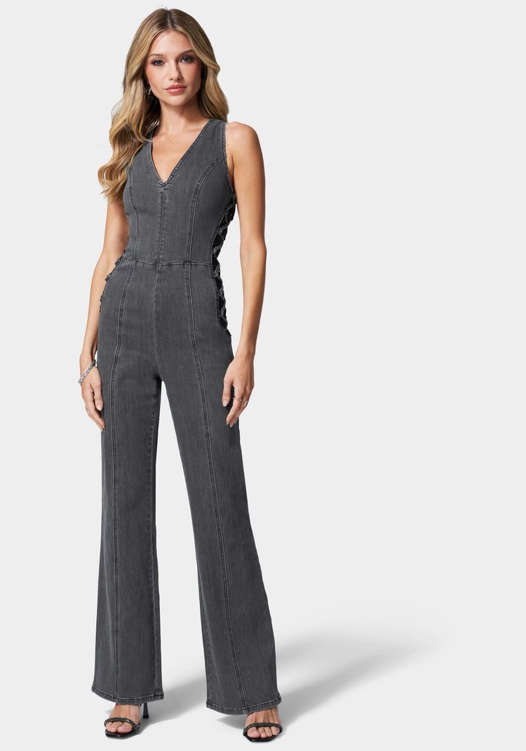 bebe Lace Detail Corset Denim Jumpsuit