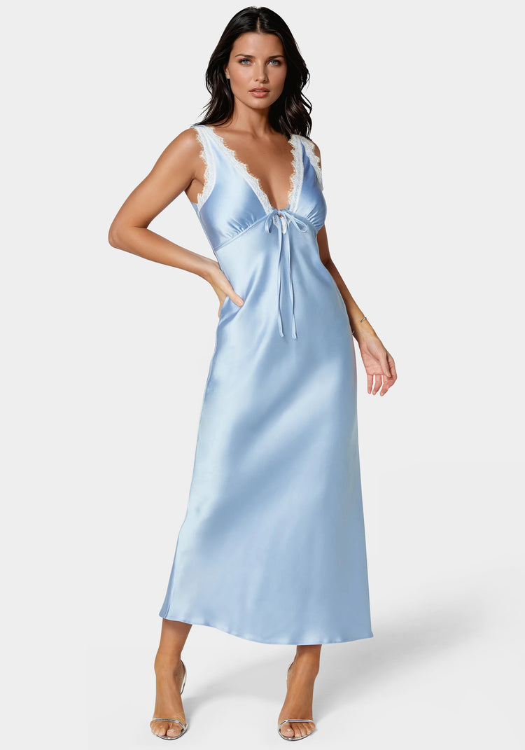 bebe Lace Detail Satin Slip Dress