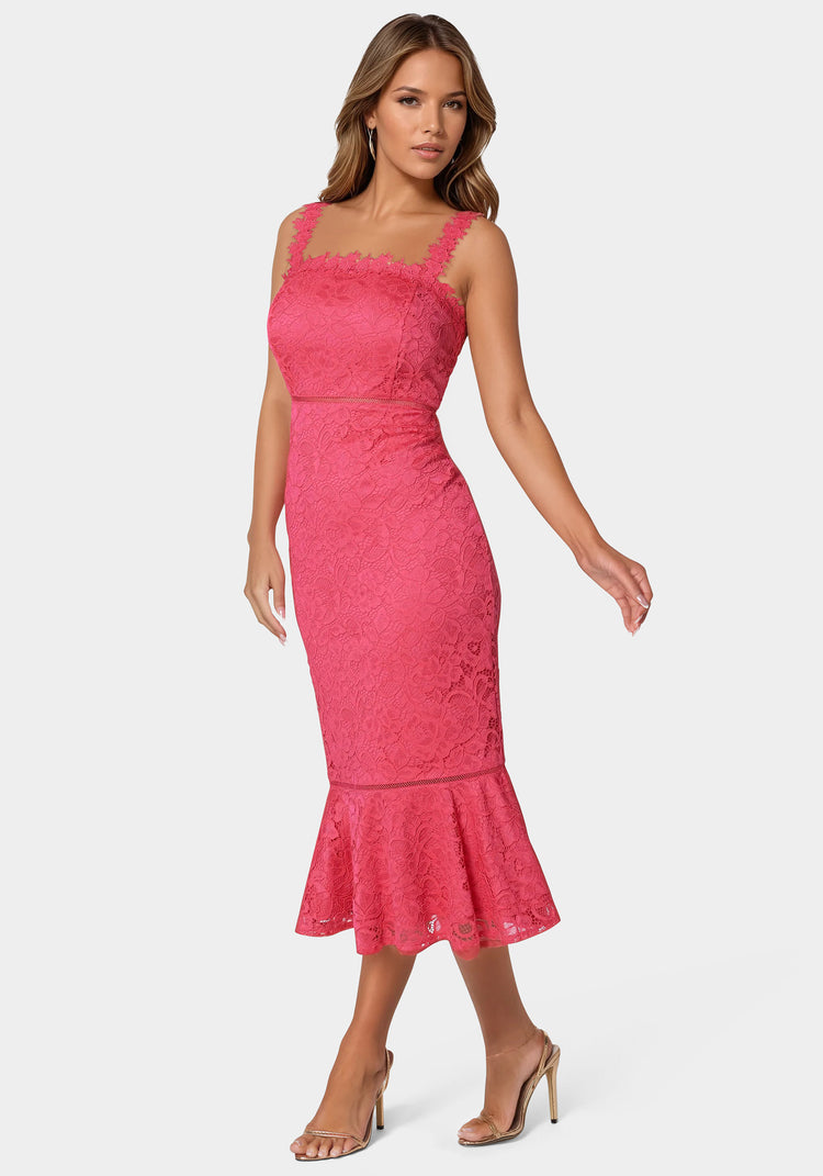 Bebe Lace Flounce Midi Dress