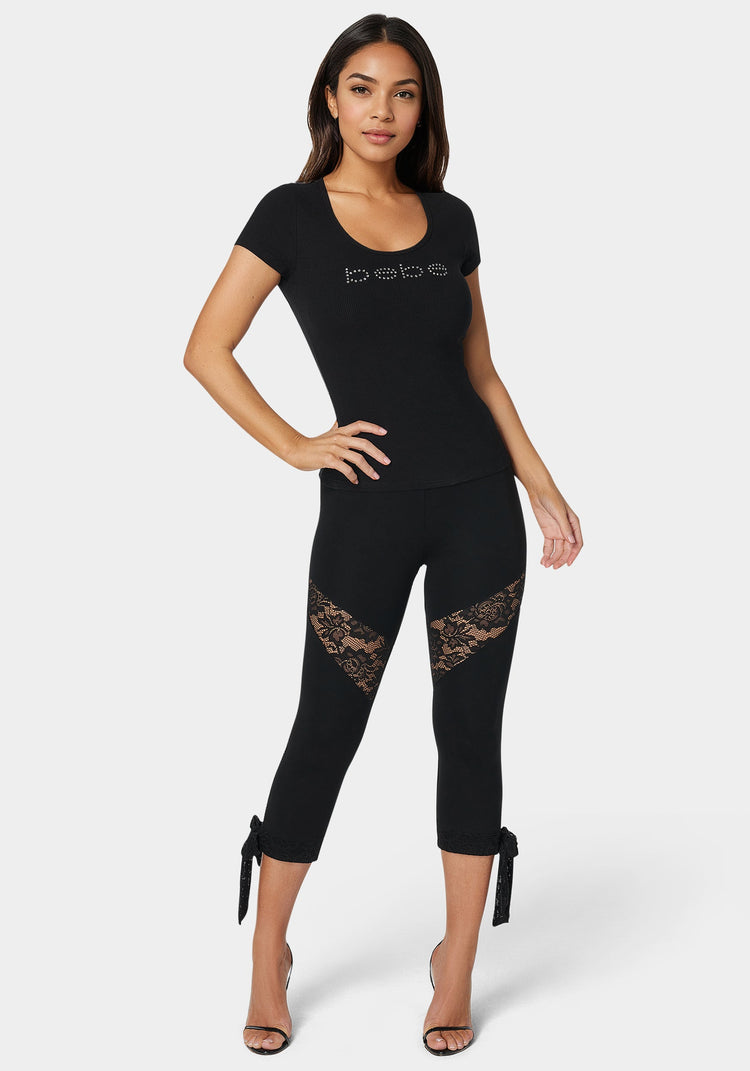 Bebe Lace Insert Bow Capri Legging