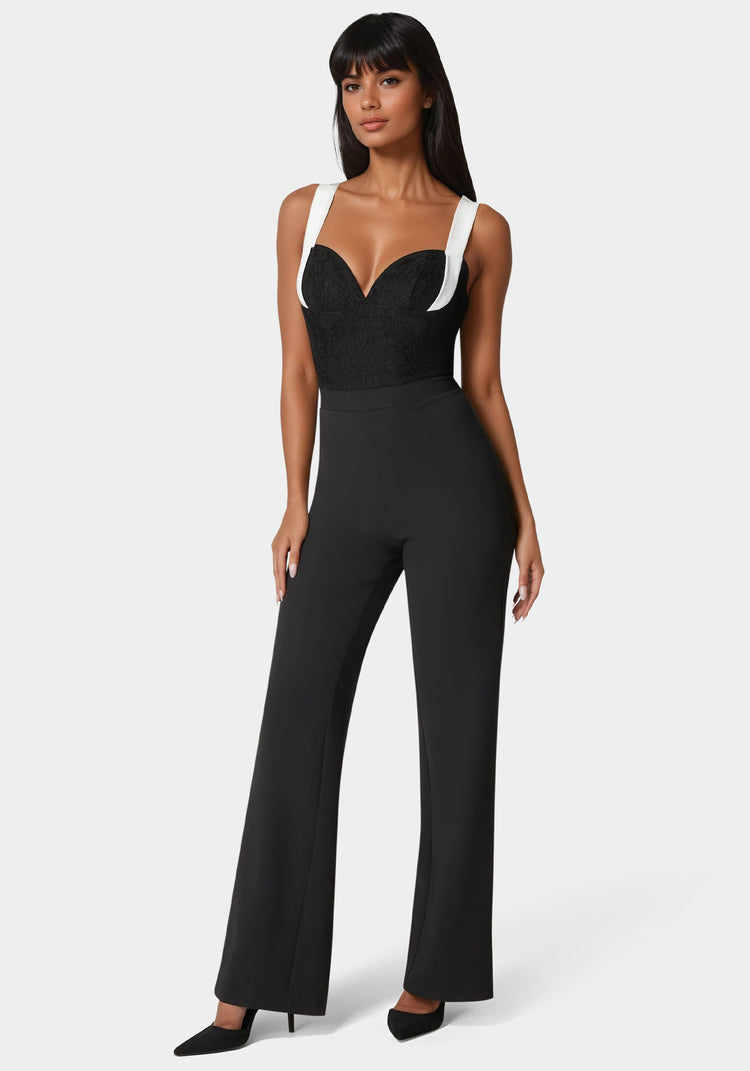 Bebe Lace Insert Flared Jumpsuit