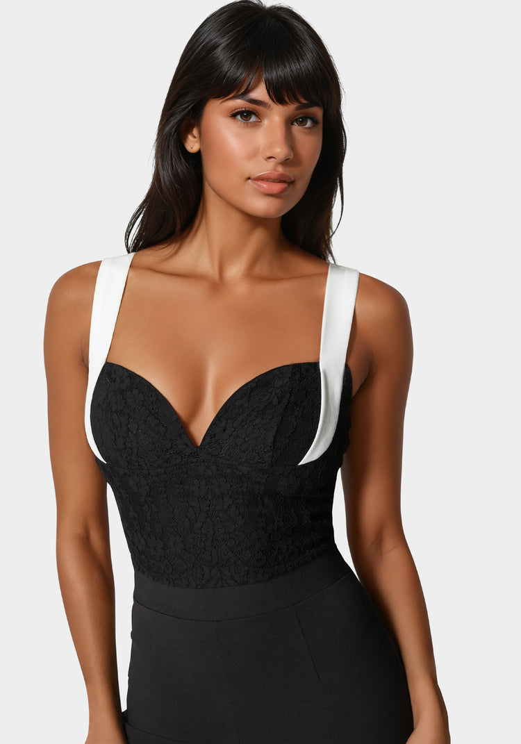 Bebe Lace Insert Flared Jumpsuit