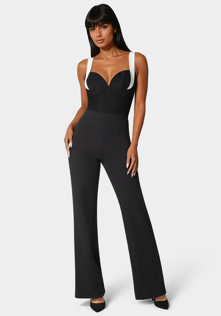 bebe Lace Insert Flared Jumpsuit