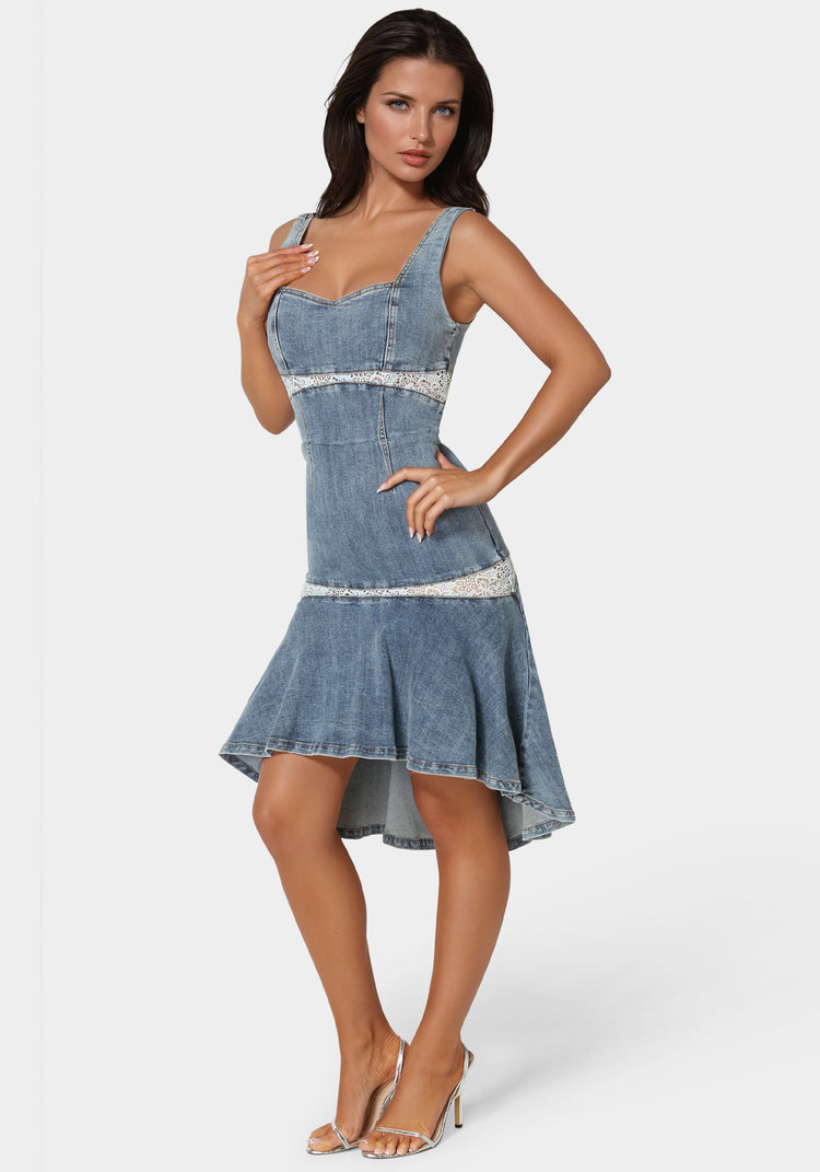 Bebe Lace Insert High Low Denim Dress