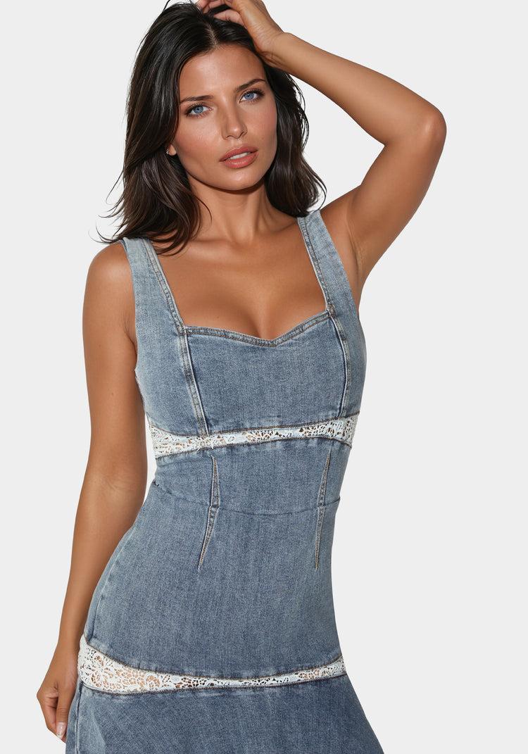 Bebe Lace Insert High Low Denim Dress