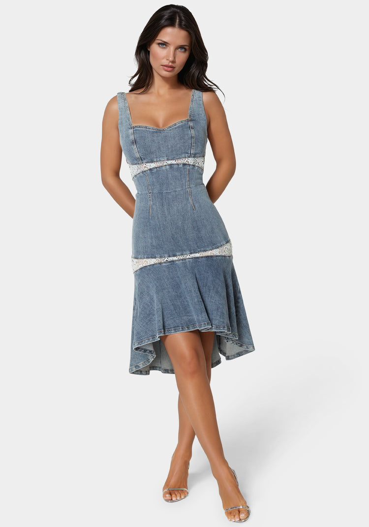 bebe Lace Insert High Low Denim Dress
