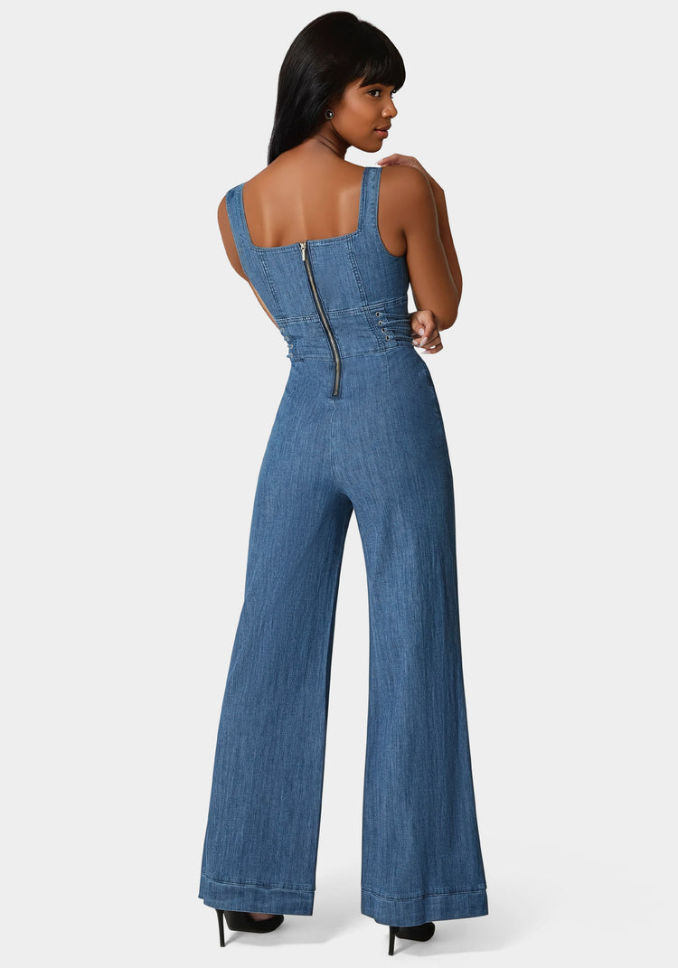 Bebe Lace Up Wide Leg Denim Jumpsuit