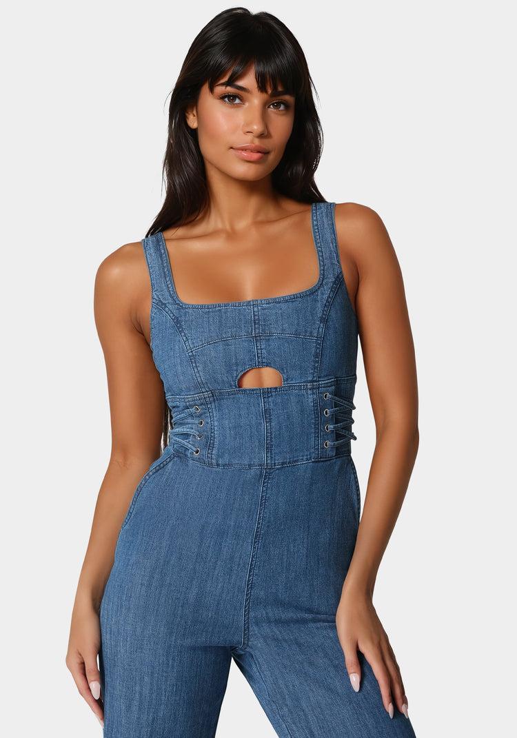 Bebe Lace Up Wide Leg Denim Jumpsuit