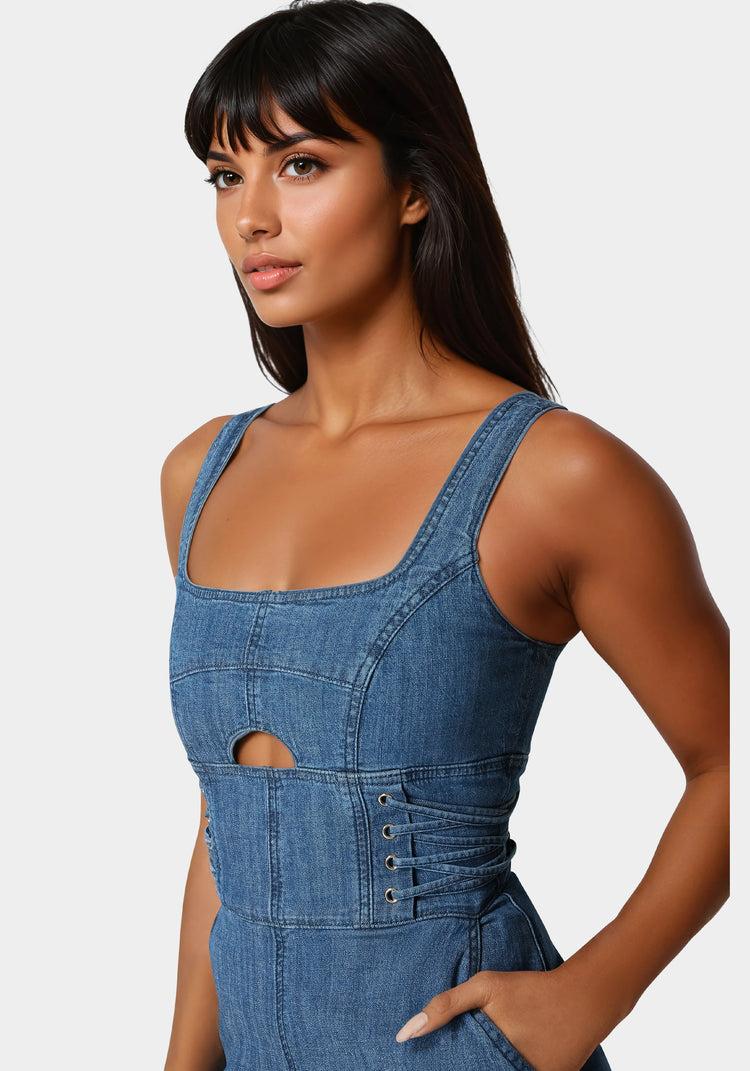 Bebe Lace Up Wide Leg Denim Jumpsuit