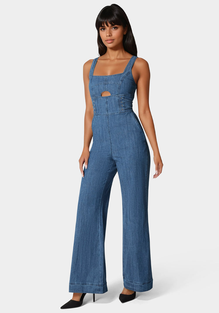 bebe Lace Up Wide Leg Denim Jumpsuit