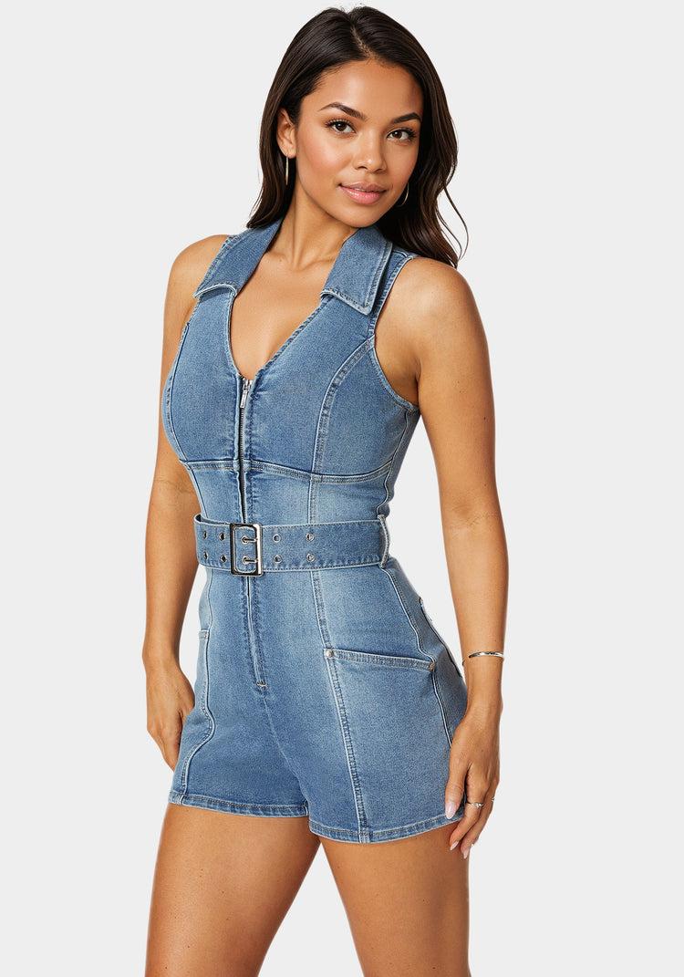 Bebe Light Weight Front Zipper Denim Romper