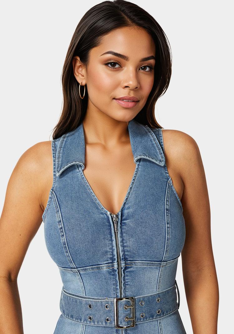 Bebe Light Weight Front Zipper Denim Romper