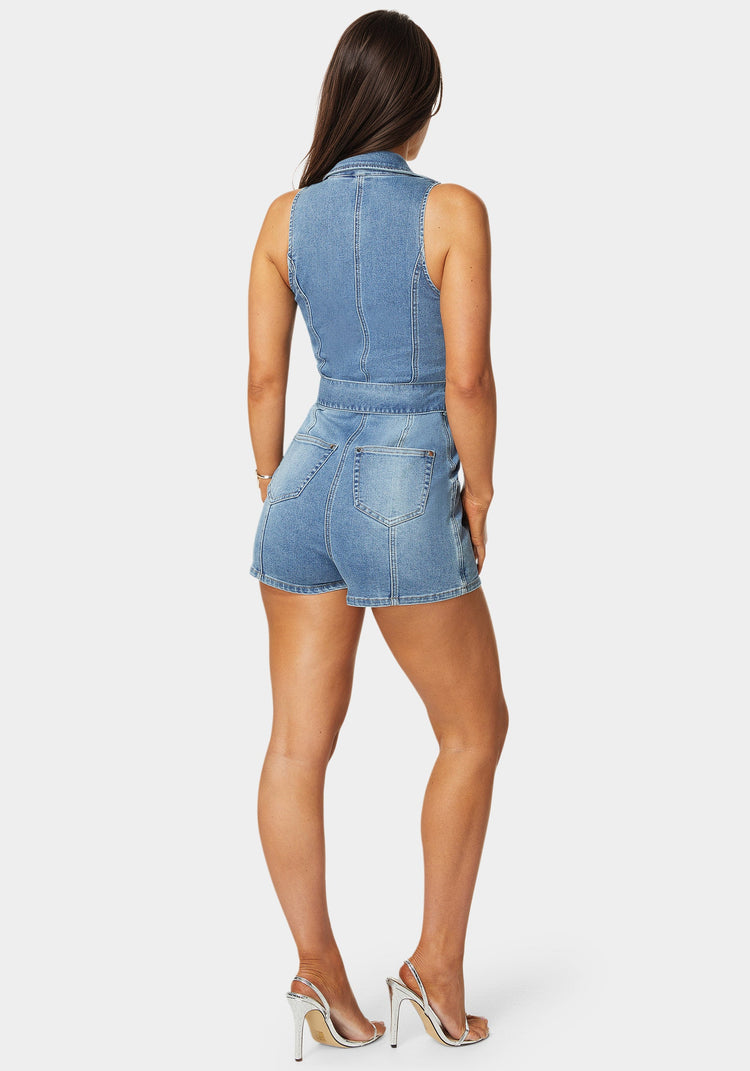 Bebe Light Weight Front Zipper Denim Romper